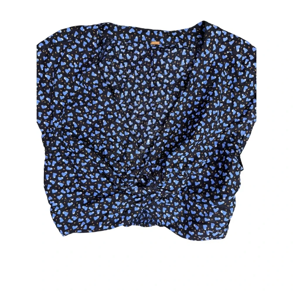 Free People Heart Print Twist Front Crop Top Blue Black V-Neck Smocked Back